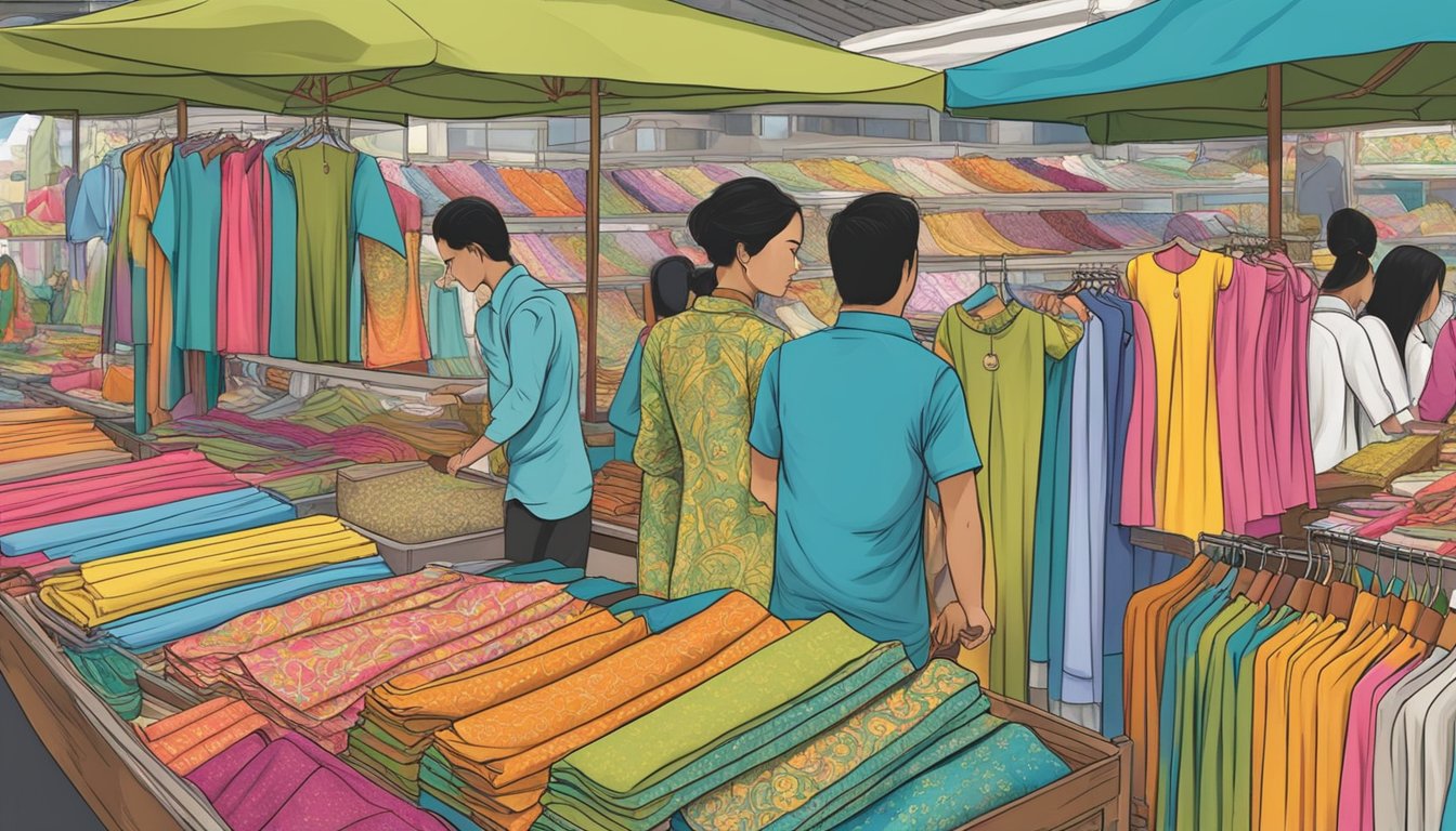 A colorful display of Baju Kurung at a bustling Singapore market. Bright fabrics and intricate designs draw in shoppers