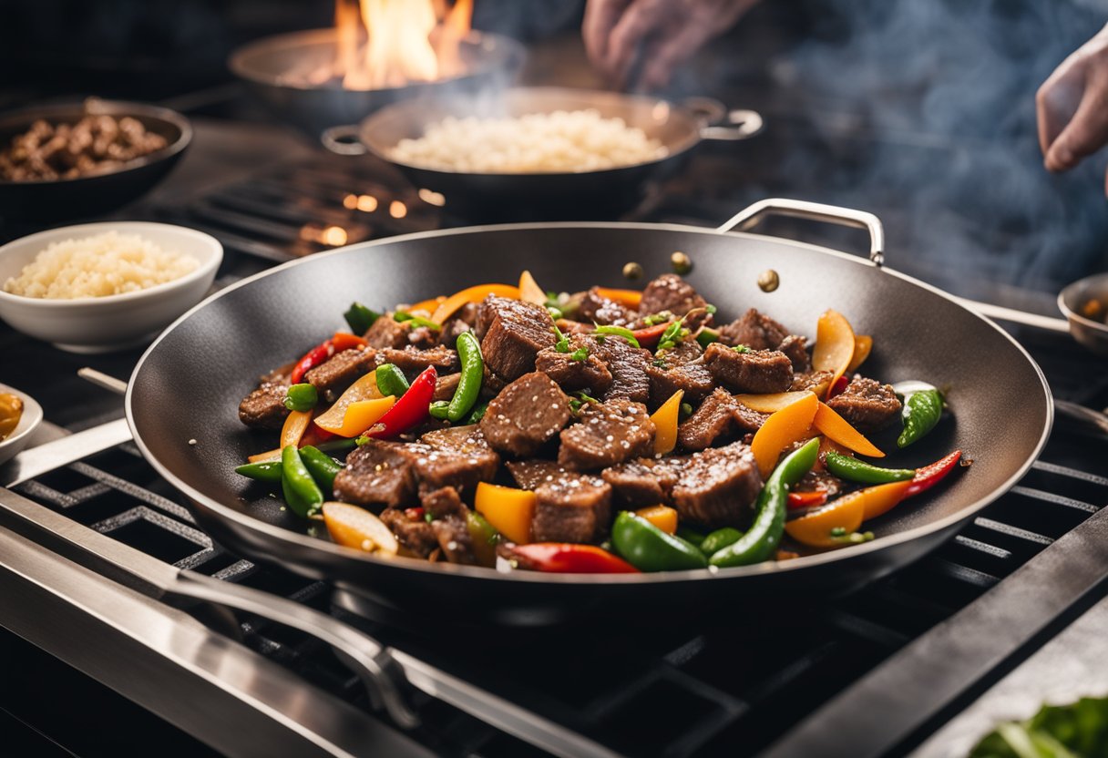 A wok sizzles with sliced beef, garlic, and chili peppers. Soy sauce and ginger sit nearby, ready to be added
