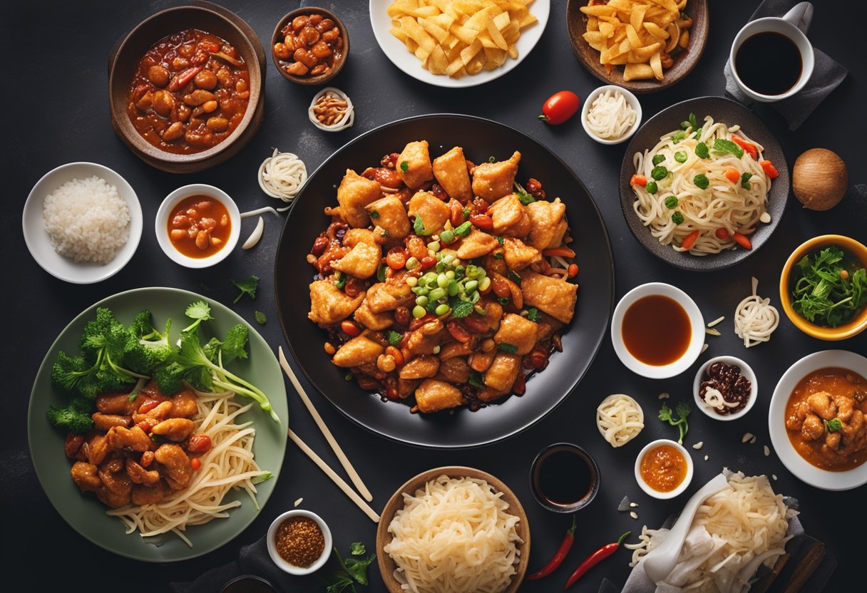 A plate of Chinese chili chicken surrounded by social media icons and comments