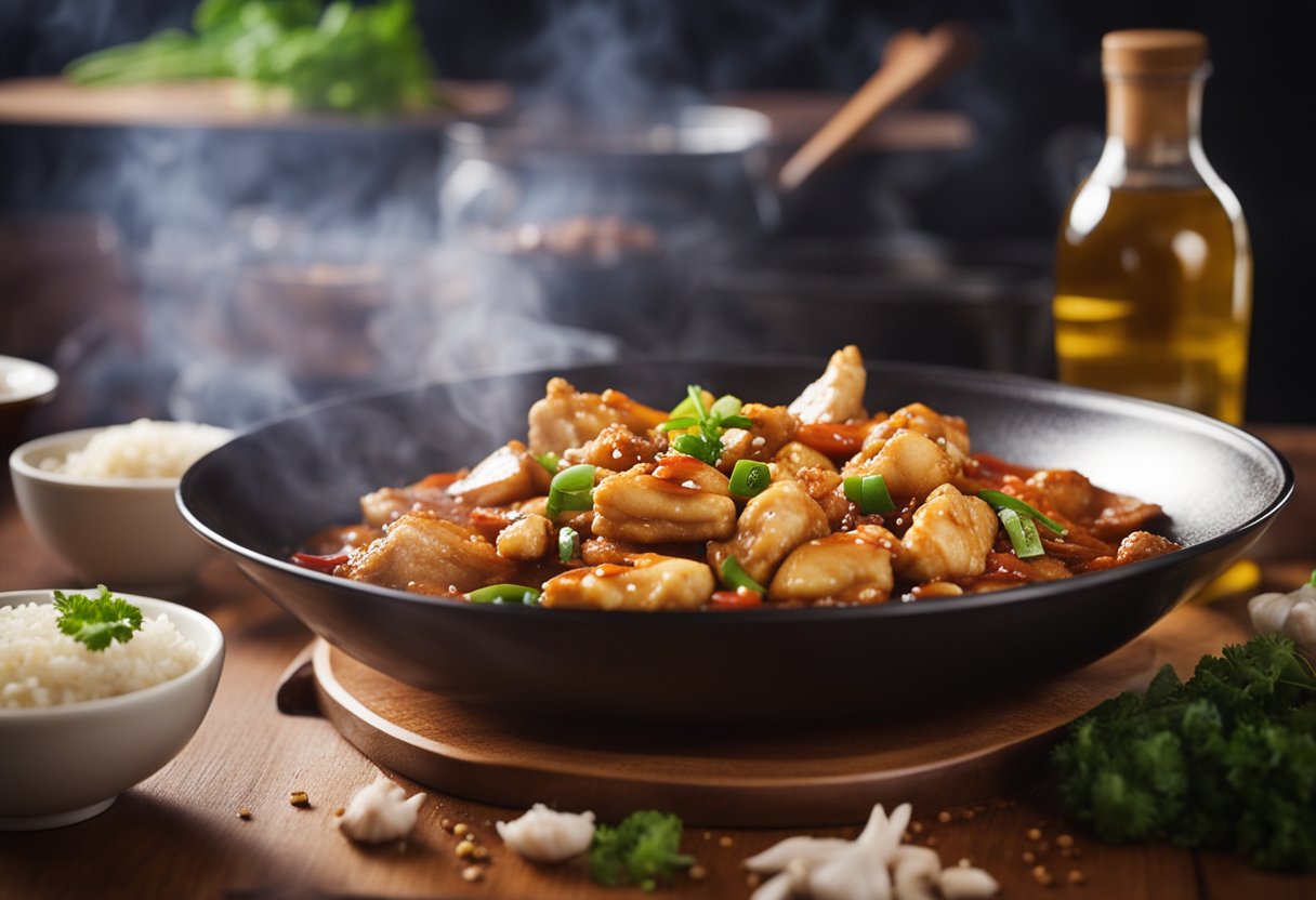 A steaming wok sizzles with tender chunks of chicken in a rich, spicy Chinese chili gravy. The aroma of garlic, ginger, and soy sauce fills the air