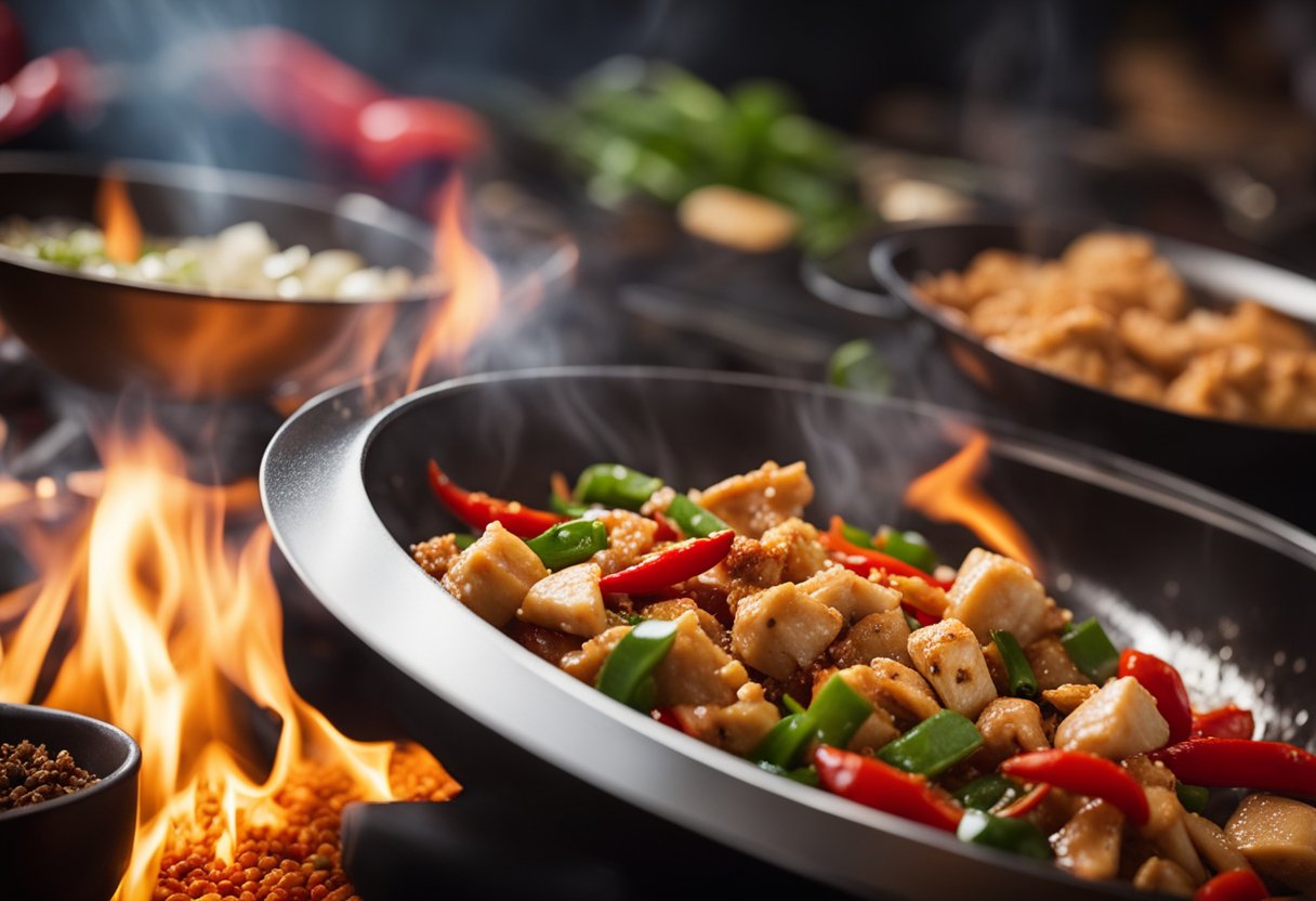 A sizzling wok with diced chicken, vibrant red chili peppers, and a medley of aromatic spices, emanating a tantalizing aroma