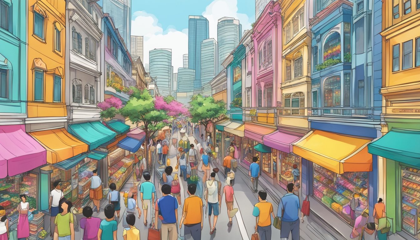 A bustling street in Singapore, lined with colorful shops displaying a dazzling array of buttons in every size, shape, and color imaginable. Pedestrians stop to admire the vibrant displays, while shop owners eagerly assist customers in finding the perfect buttons for their projects
