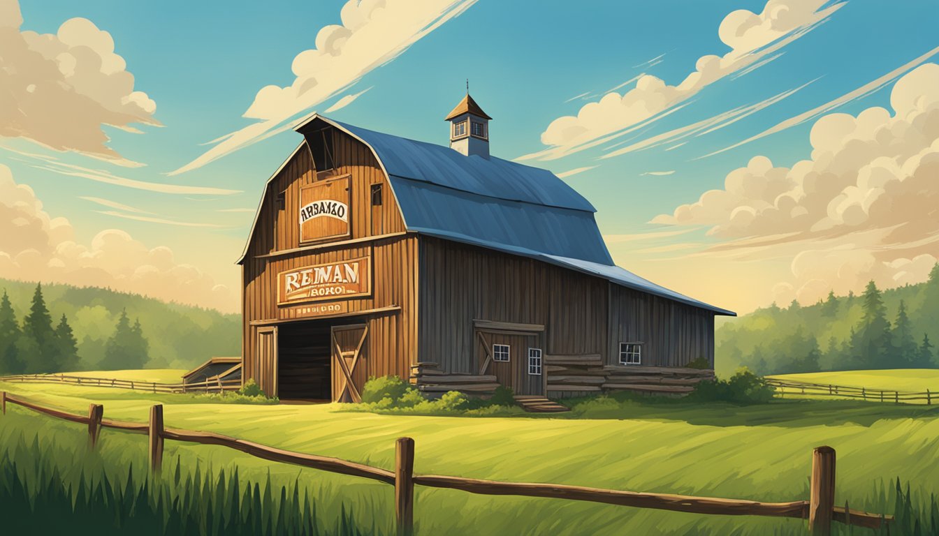 A rustic wooden barn with a large Redman Chewing Tobacco sign hanging above the entrance, surrounded by rolling green fields and a bright blue sky