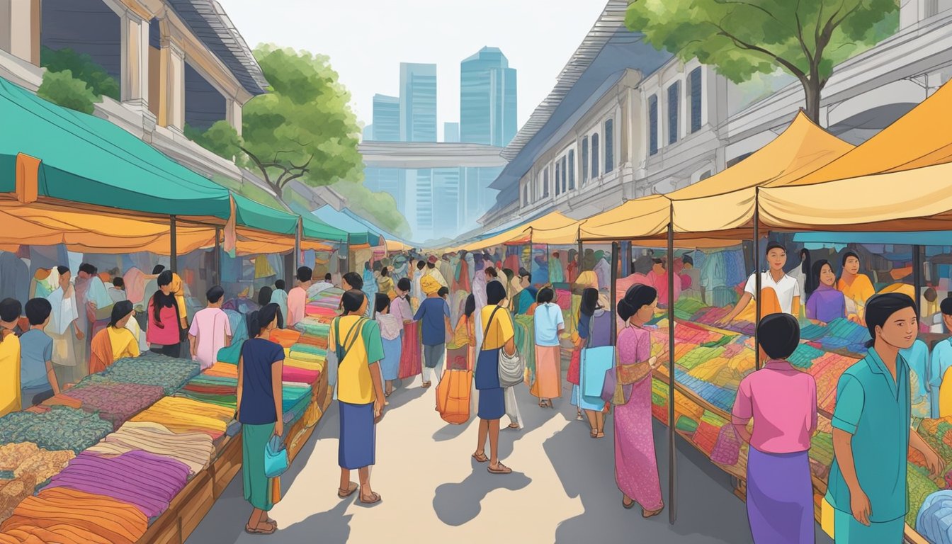 A bustling marketplace in Singapore, with rows of colorful stalls selling traditional Baju Kurung. Customers browse through the vibrant fabrics and intricate designs, while vendors call out their latest offerings