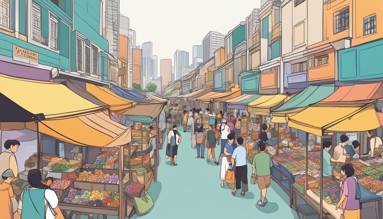 A bustling marketplace with colorful displays of buttons in various shapes and sizes, with vendors showcasing their unique selections in Singapore