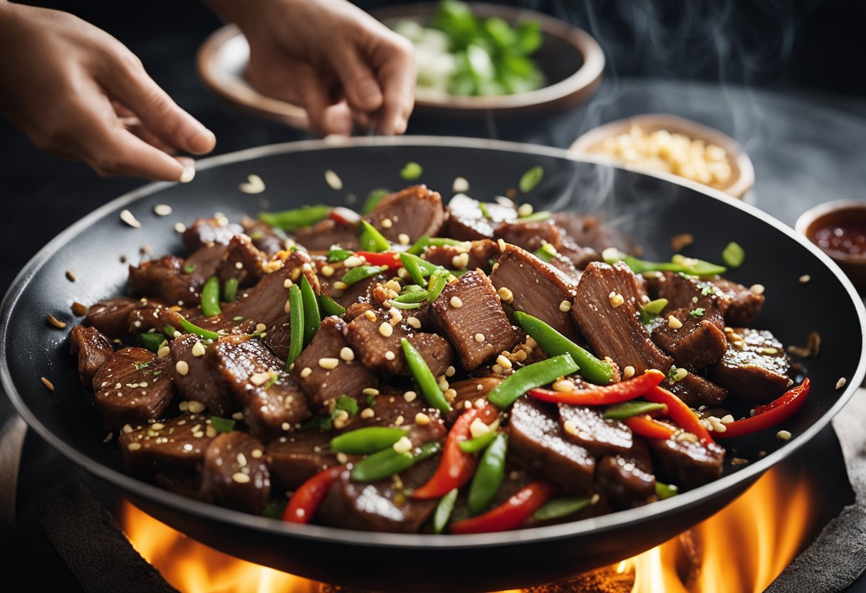 A wok sizzles with marinated beef, garlic, and ginger. A splash of soy sauce and a sprinkle of chili flakes add flavor
