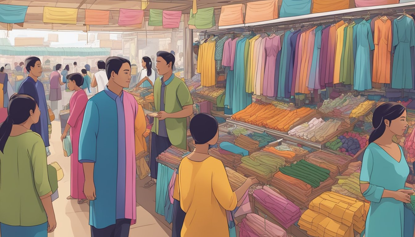 A bustling marketplace with colorful baju kurung displayed on racks, with customers browsing and vendors engaging in conversation
