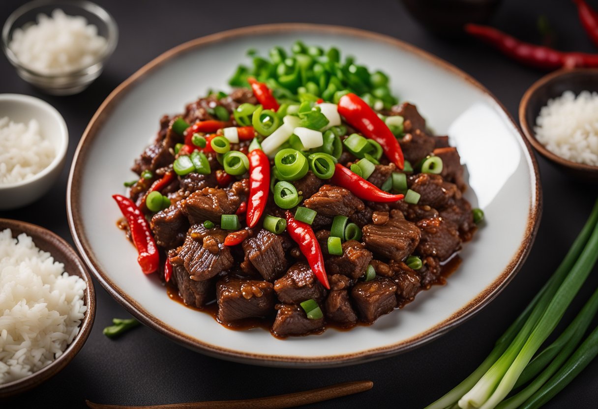 A steaming plate of Chinese chilli beef garnished with sliced green onions and red chili peppers, served alongside a bed of fluffy white rice