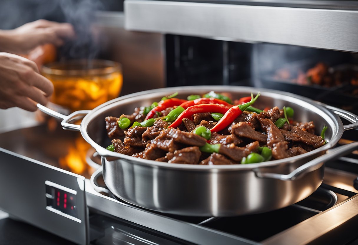 Sizzling beef stir-fried with vibrant red chili peppers and aromatic spices, being transferred into a microwave-safe container for reheating
