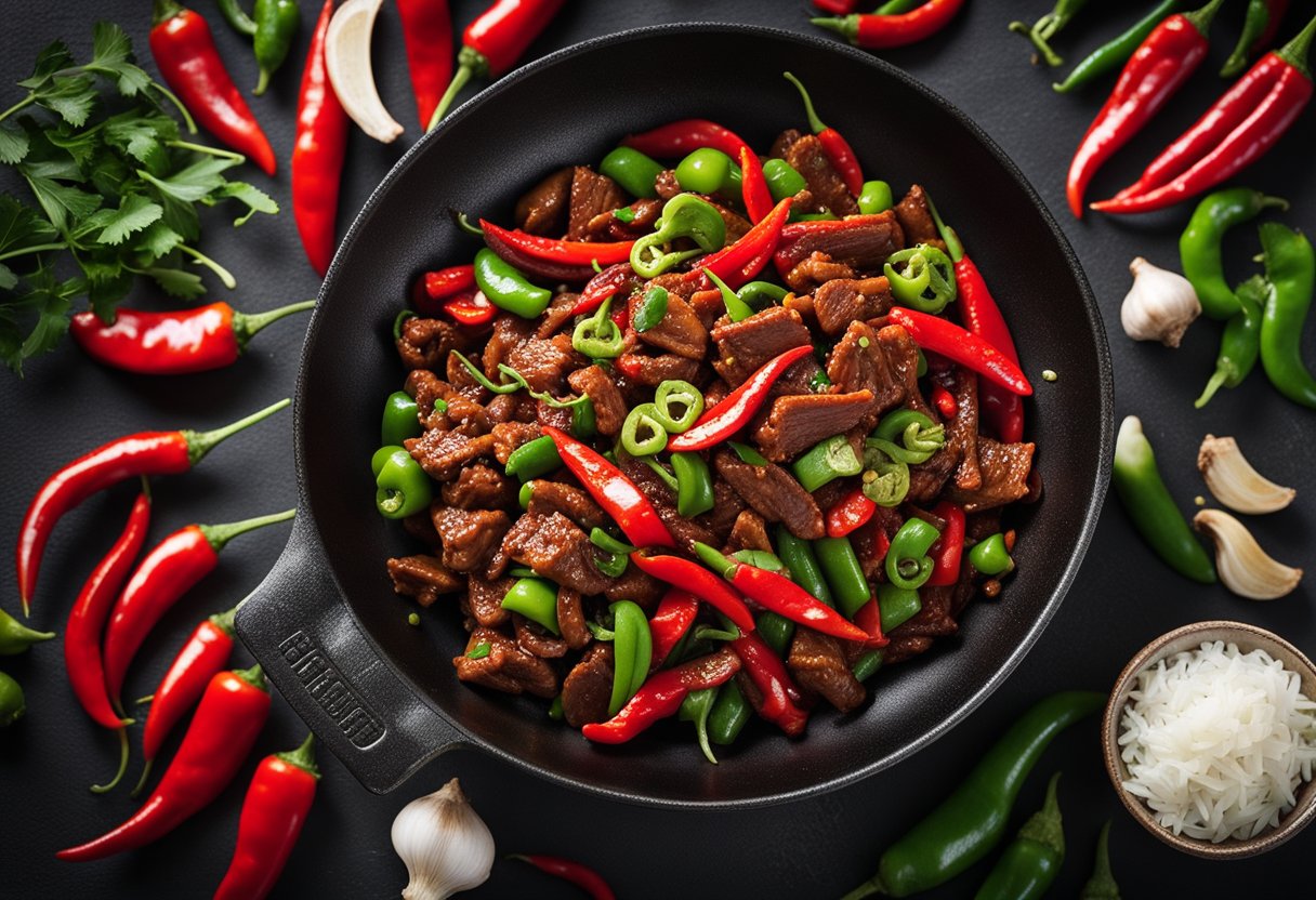 A sizzling wok of Chinese chili beef, surrounded by vibrant red and green chili peppers, garlic cloves, and ginger slices