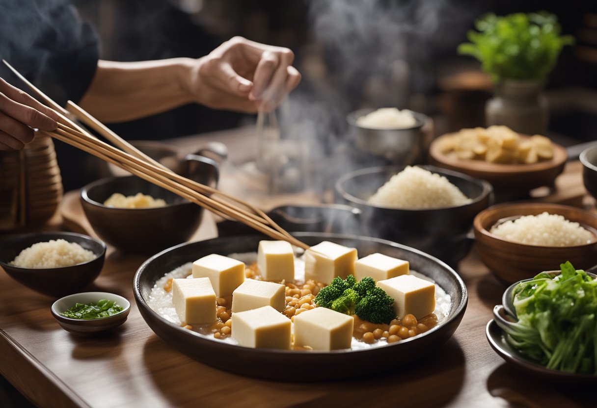 A Japanese tofu recipe being prepared with Chinese ingredients in a traditional kitchen setting