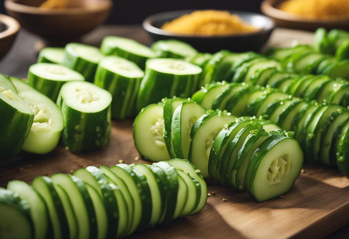Fresh Japanese cucumbers being sliced and mixed with Chinese seasonings in a traditional kitchen