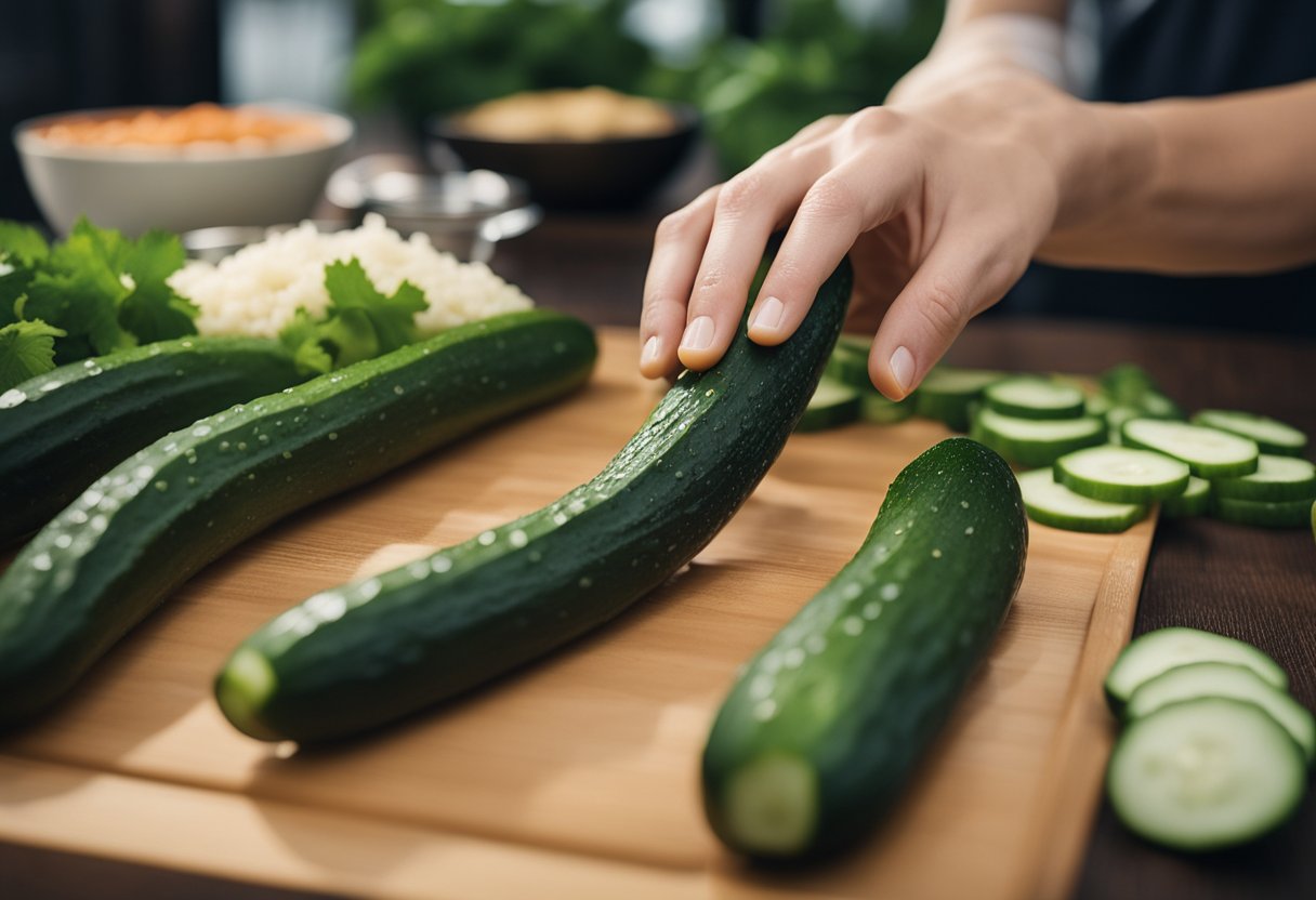 A hand reaches for a Japanese cucumber, surrounded by ingredients for a cucumber recipe. The cucumber is long and slender, with a bumpy, dark green skin