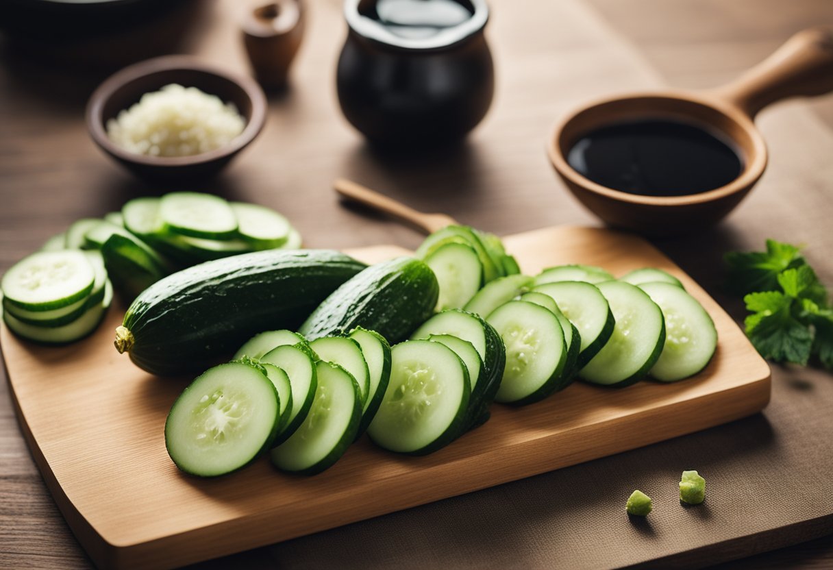A Japanese cucumber, Chinese ingredients, and possible substitutions laid out on a clean, wooden cutting board