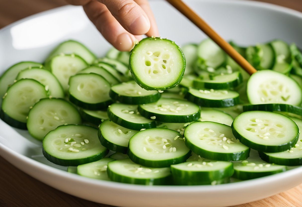 Japanese cucumbers being sliced and salted, then drained. Vinegar, soy sauce, and sesame oil being mixed in a bowl. Cucumber slices being added to the mixture and garnished with sesame seeds