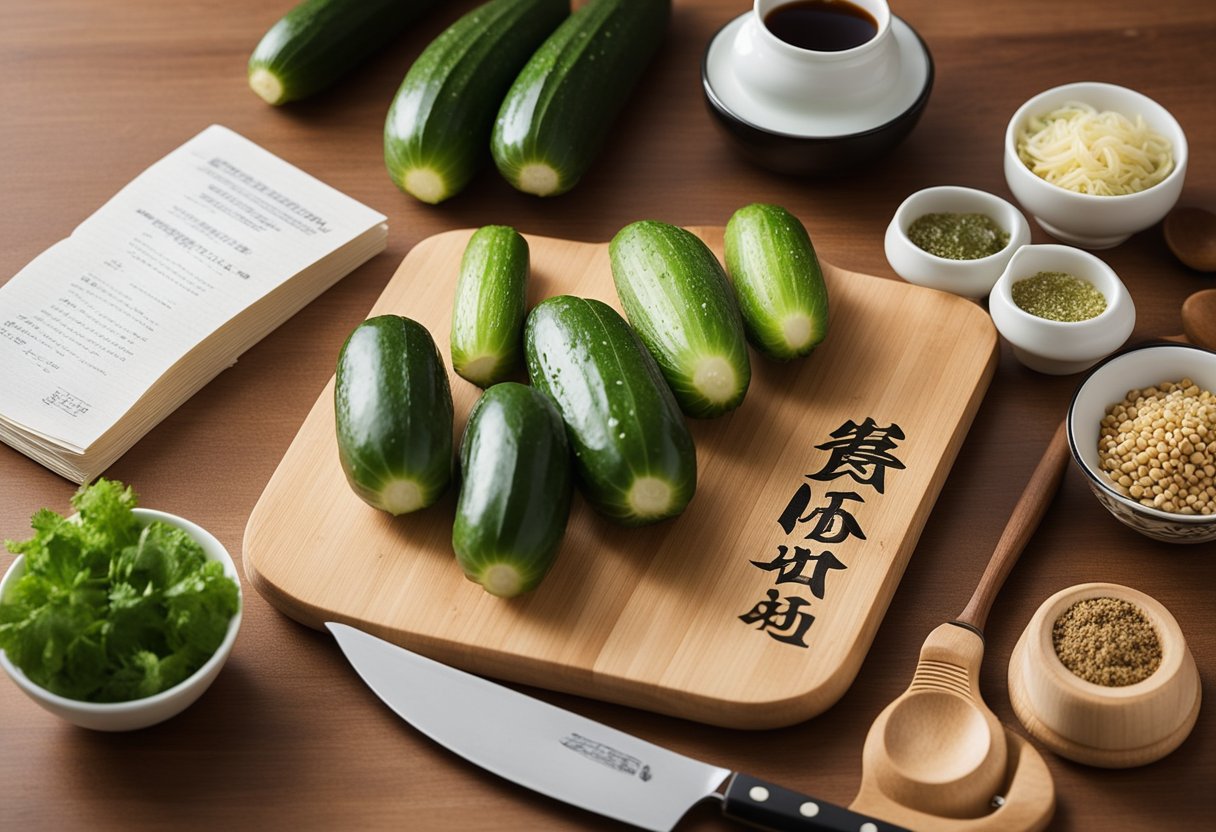 A Japanese cucumber and Chinese ingredients are laid out on a wooden cutting board, surrounded by traditional cooking utensils and a handwritten recipe card