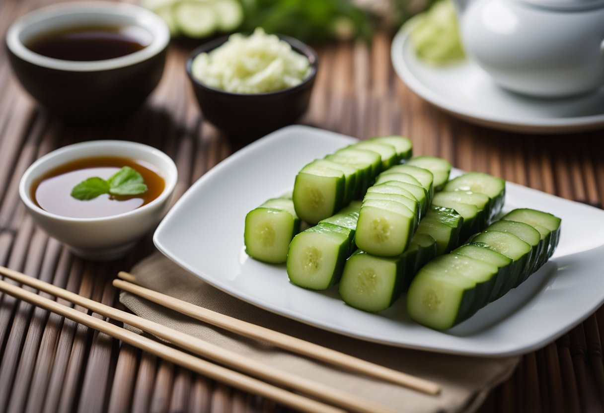 A plate of sliced Japanese cucumbers next to a bowl of Chinese dipping sauce, surrounded by chopsticks and a tea set