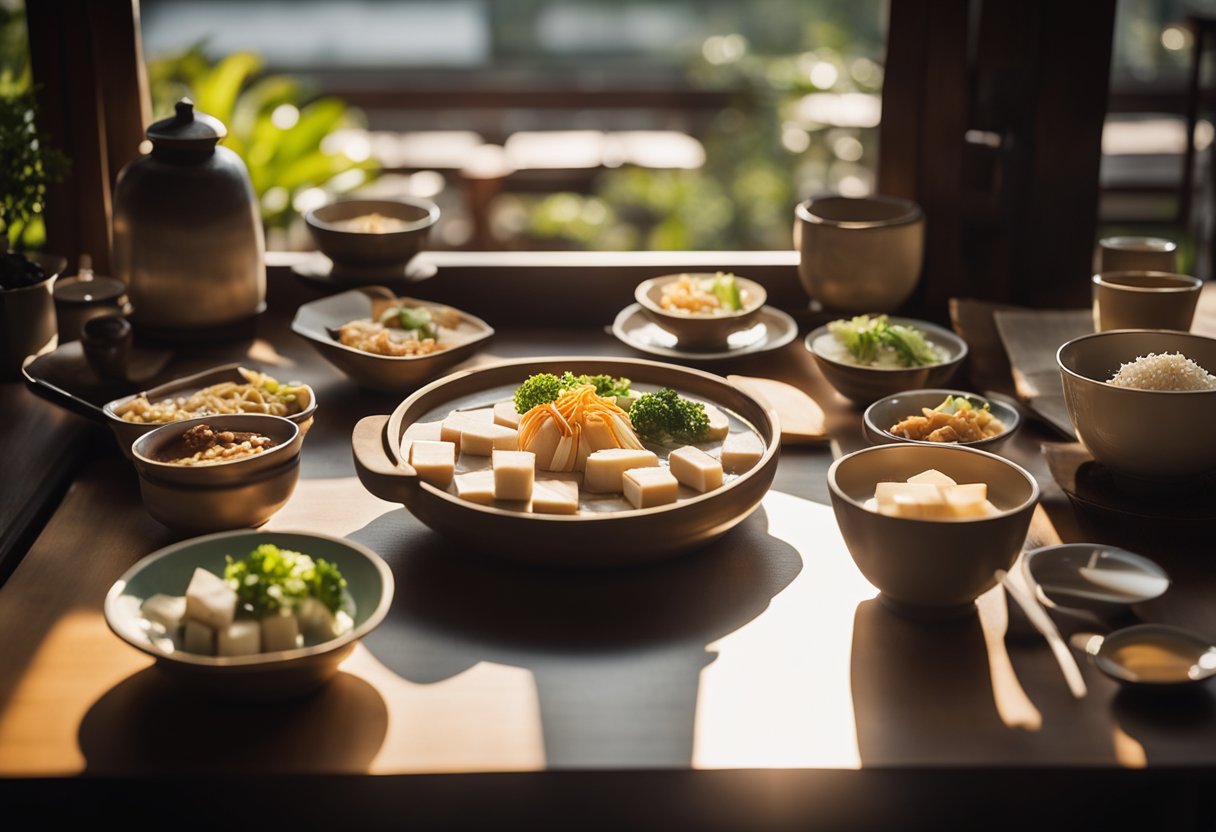 A wooden table with a variety of tofu dishes, chopsticks, and Japanese and Chinese cookbooks. Sunlight filters through a paper screen window, casting soft shadows on the scene