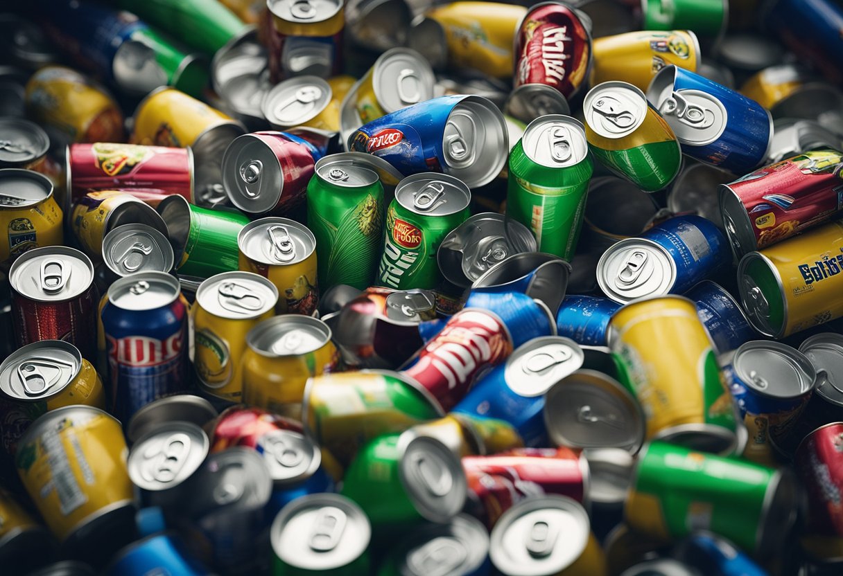 Multiple energy drink cans overflowing from a trash bin, scattered across a messy desk. Empty bottles and cans litter the floor, indicating excessive consumption