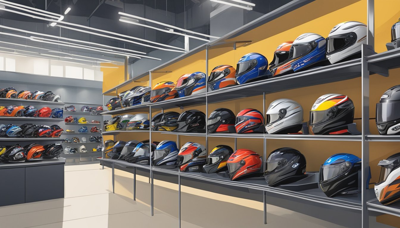 A motorcycle shop in Singapore displays a variety of Arai helmets on shelves and mannequins
