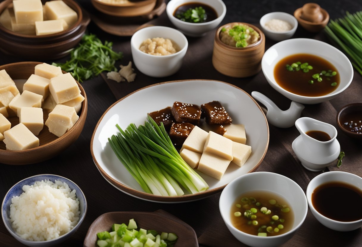 A table with tofu, soy sauce, miso paste, ginger, garlic, and green onions. Japanese and Chinese cookbooks open nearby