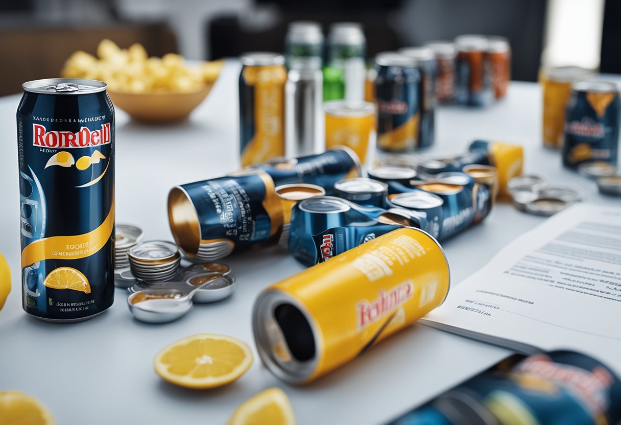 A table with multiple energy drink cans, scattered ingredients, and a scientific journal open to a page about recommended consumption limits