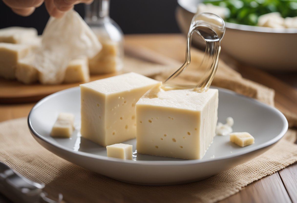Tofu being pressed between paper towels with a weighted object on top to remove excess moisture. Soy sauce, ginger, and garlic being mixed in a bowl for marinating