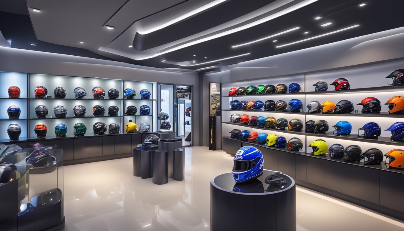 A helmet store in Singapore displays various Arai helmet models on shelves and mannequins. Bright lighting highlights the sleek designs and vibrant colors