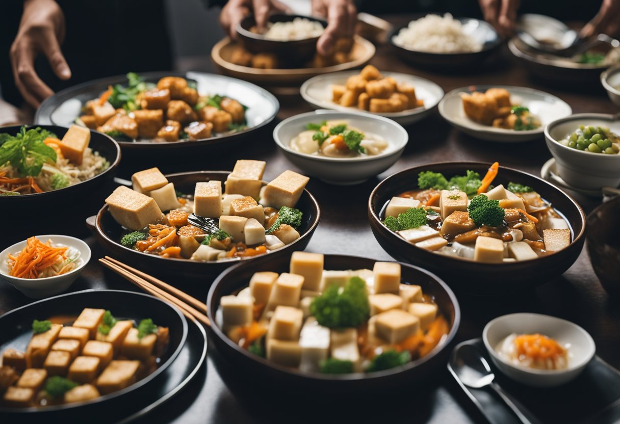A table set with various Japanese and Chinese tofu dishes, surrounded by eager diners