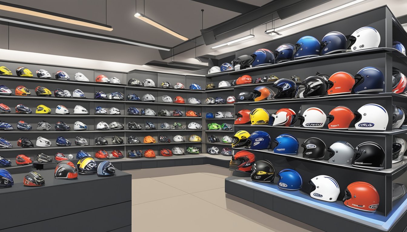 A display of Arai helmets at a motorcycle gear store in Singapore, with various models showcased on shelves and a sign indicating where to purchase