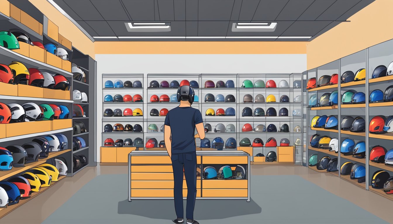 A helmet shop in Singapore, with shelves of Arai helmets on display and a customer browsing through the selection