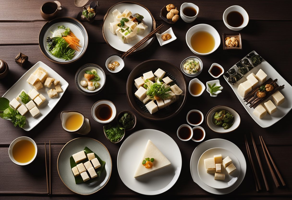A table set with various Japanese tofu and Chinese dishes, surrounded by sake and tea, with chopsticks and small plates for serving and sharing