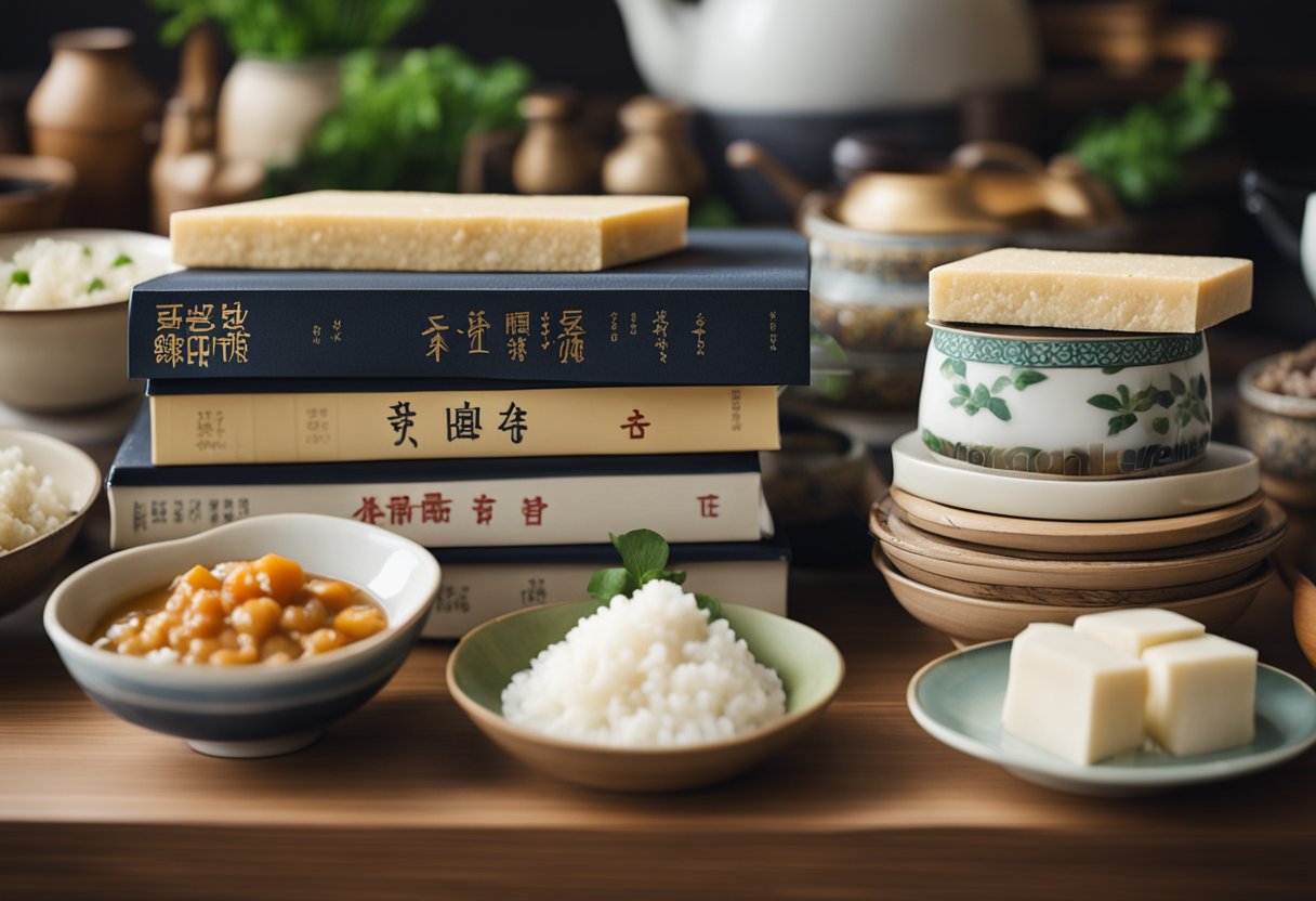 A stack of Japanese tofu recipe books surrounded by Chinese cookware and ingredients