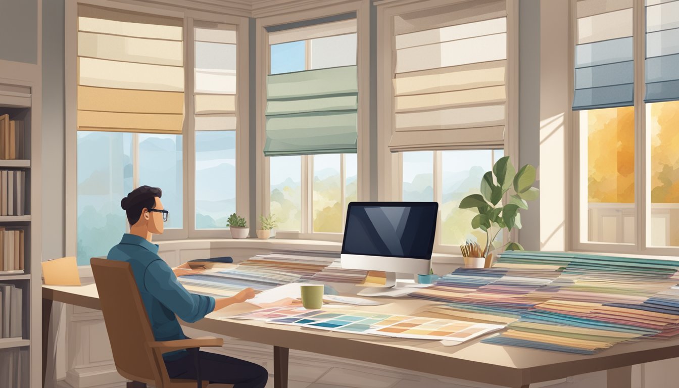 A person browsing through different styles of Roman blinds online, surrounded by swatches and samples