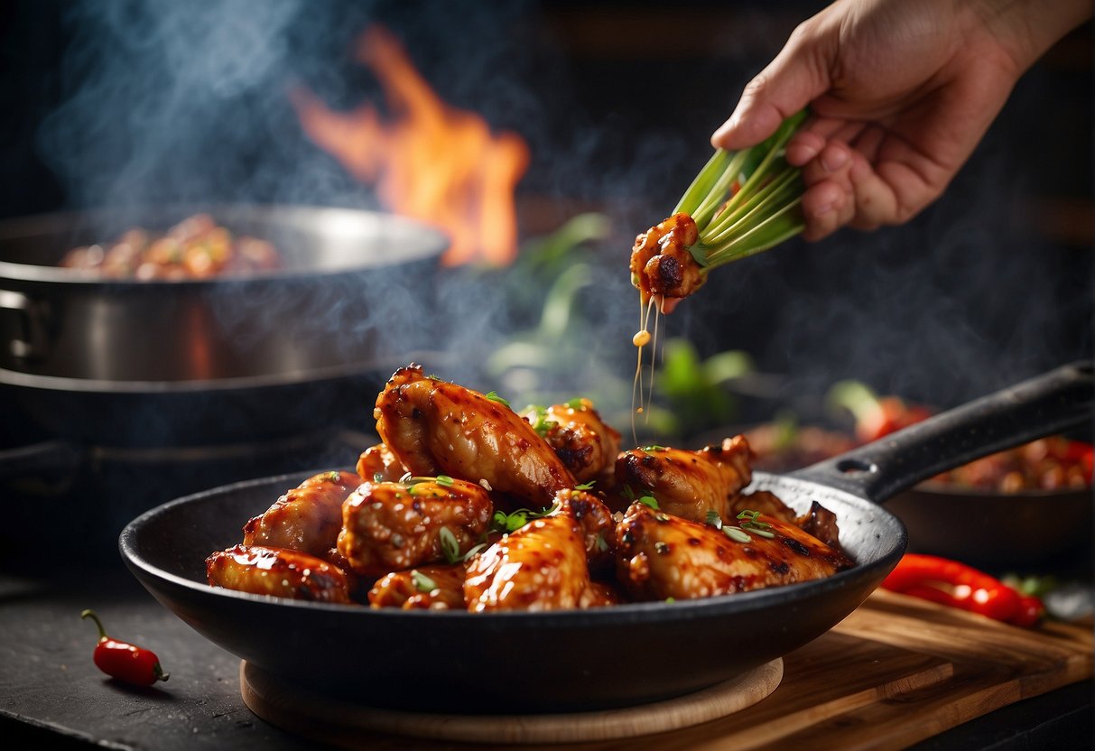 A sizzling wok tosses marinated chicken wings with spicy chili sauce and aromatic Chinese spices