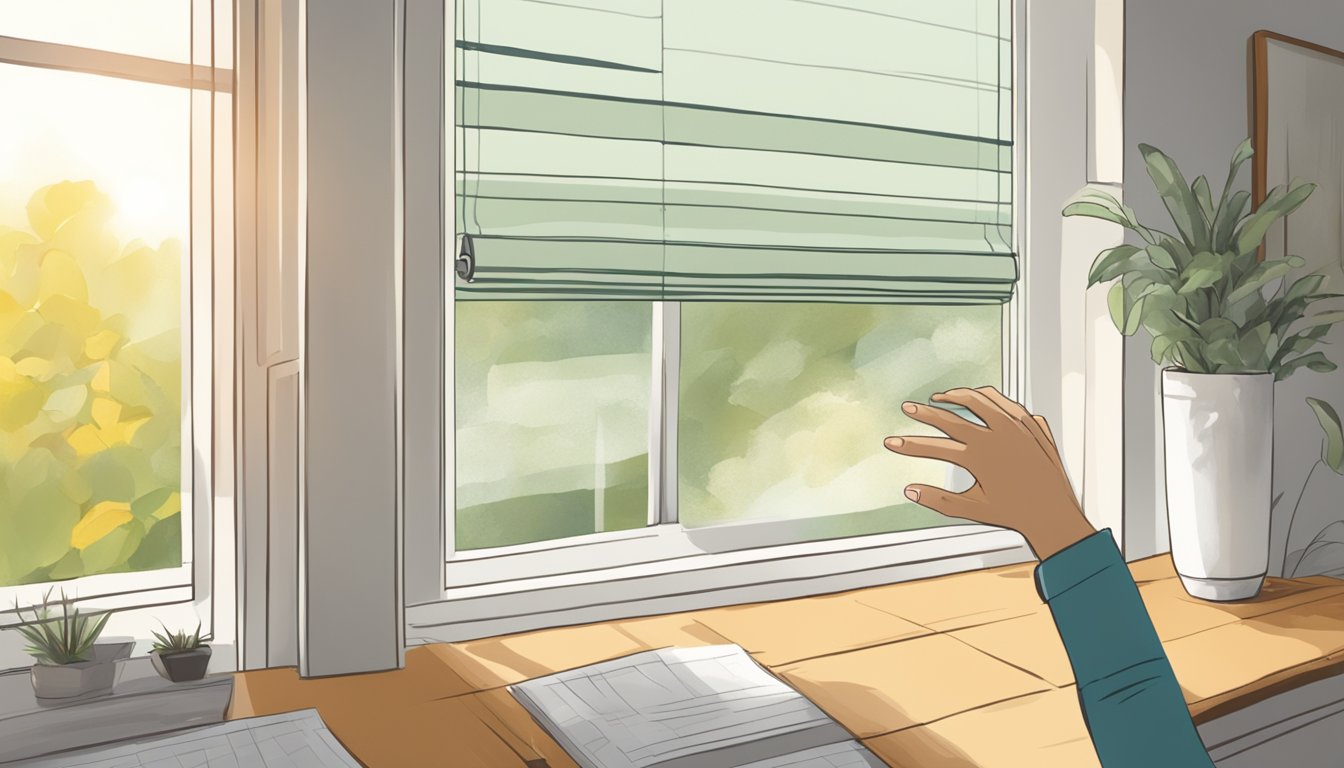 A hand reaches out to click "add to cart" on a website. Later, a person installs the Roman blinds in a sunny window