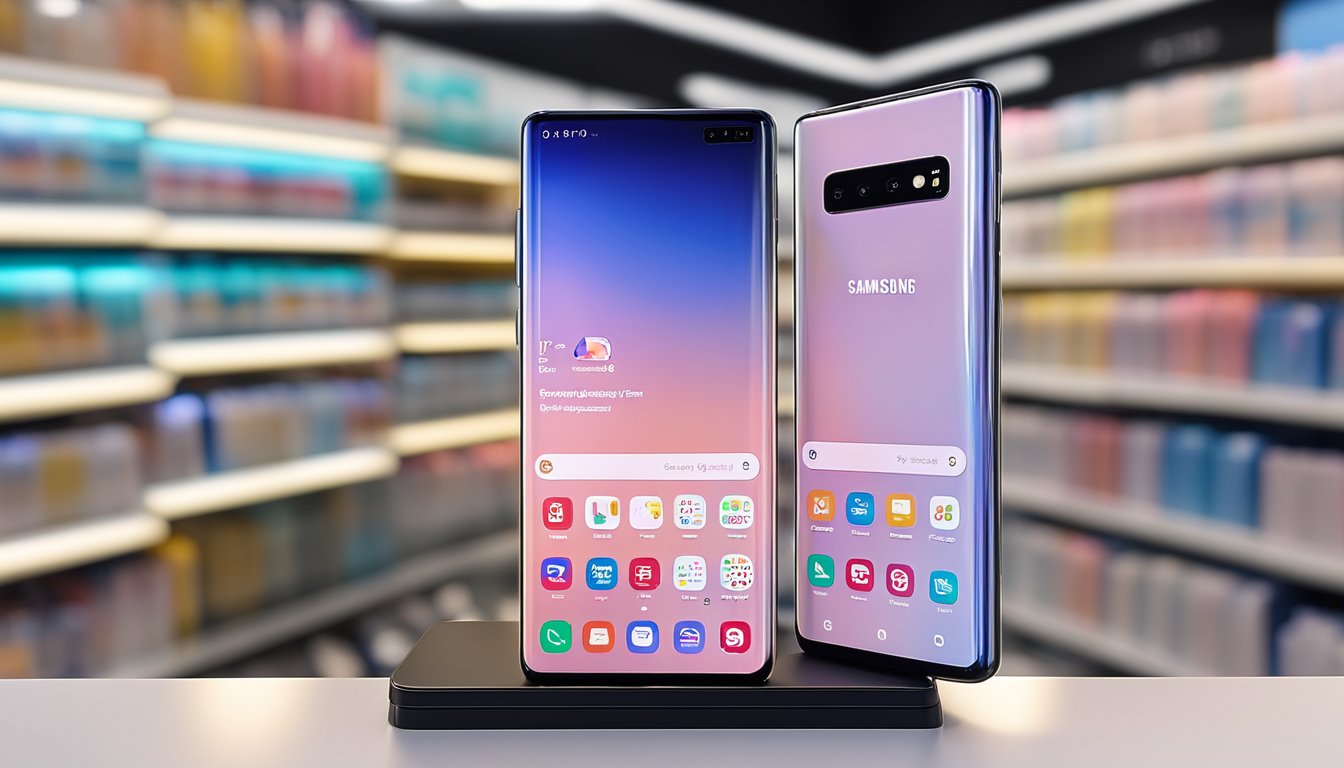 The Samsung Galaxy S10 sits on a sleek display stand in a bustling Singapore electronics store. Bright lights illuminate the cutting-edge smartphone, drawing the attention of passersby