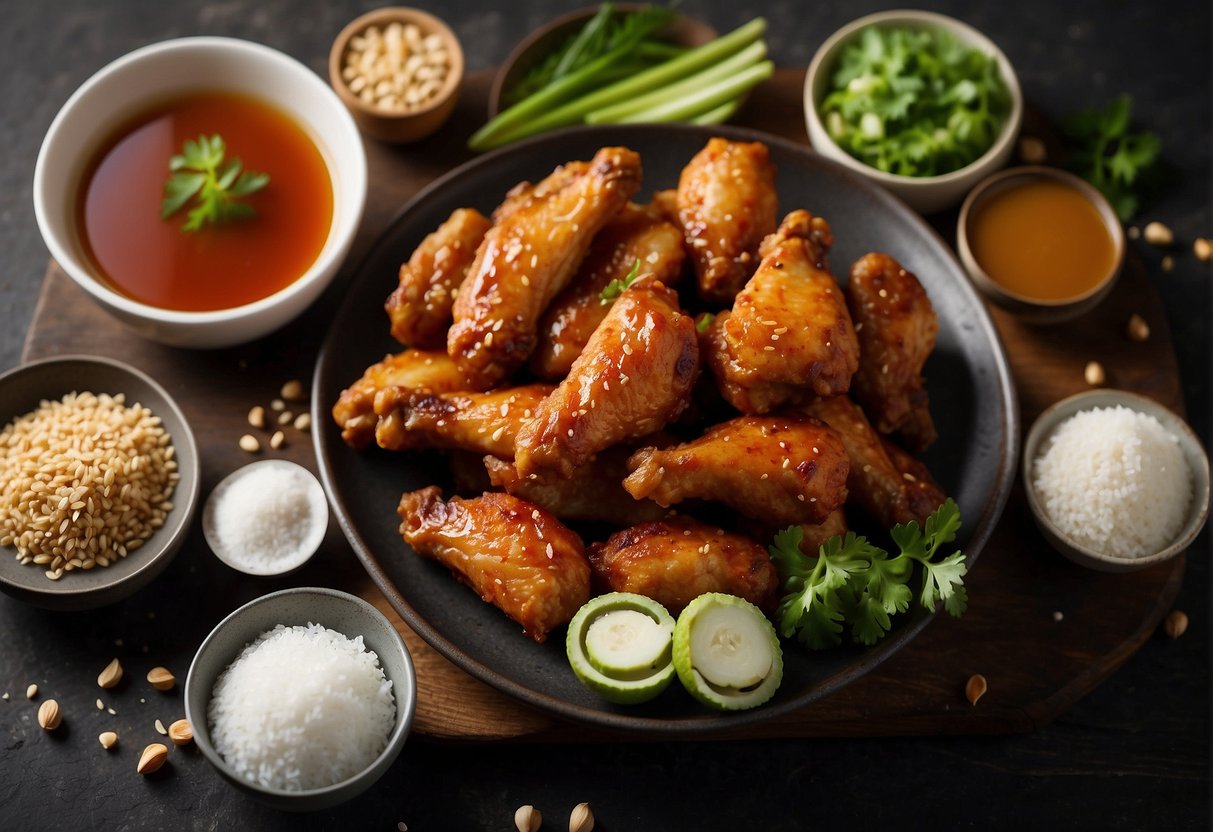 A table with ingredients: chicken wings, soy sauce, garlic, ginger, chili, vinegar, and sugar. Substitutions: tofu, tempeh, or seitan for chicken