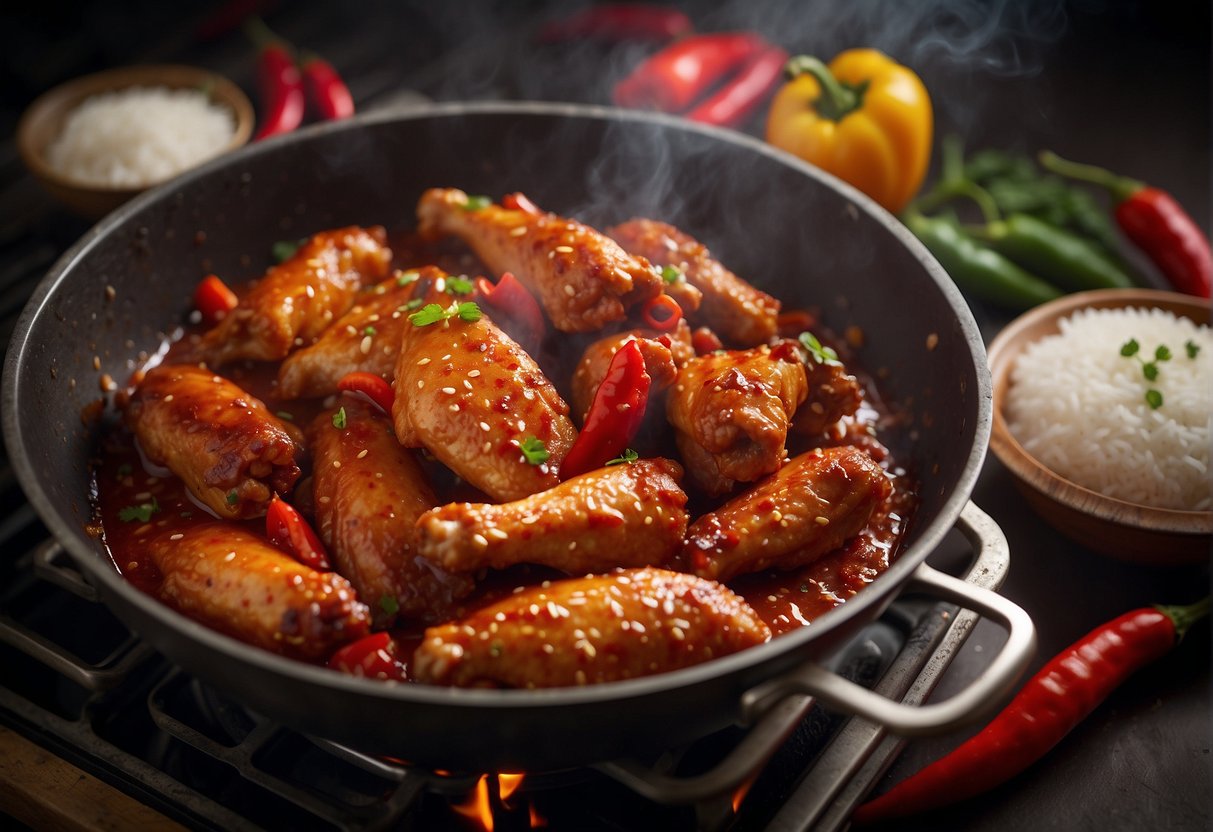 Chicken wings simmer in a spicy Chinese chili sauce, sizzling in a hot pan. Steam rises as the wings cook, surrounded by vibrant red chili peppers and fragrant spices