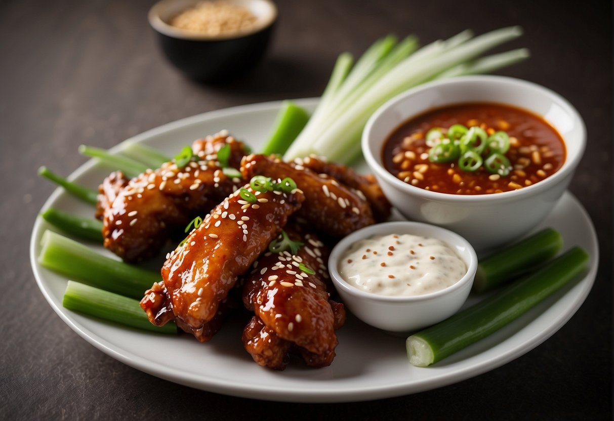 A plate of Chinese chili chicken wings, garnished with sesame seeds and green onions, sits next to a small bowl of dipping sauce