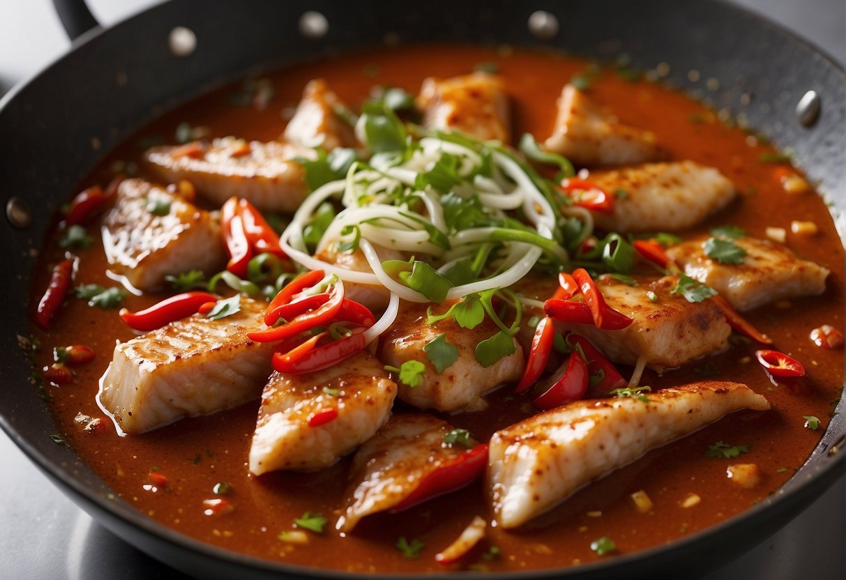 A large wok sizzles with red chilli fish gravy, filled with chunks of tender fish, vibrant red chillies, and aromatic spices