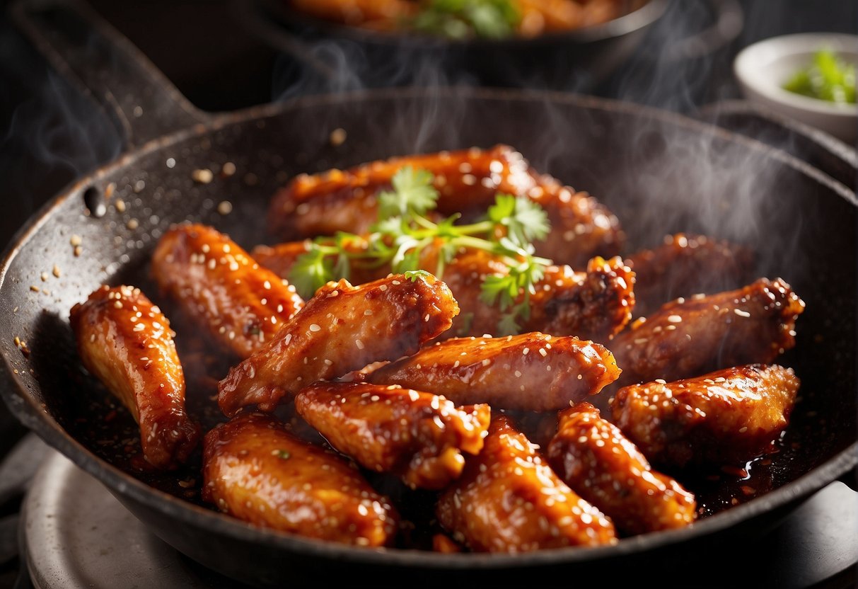 A sizzling wok filled with crispy, golden brown chicken wings coated in a spicy, fragrant Chinese chili sauce. Steam rises as the wings are tossed and glazed in the flavorful sauce