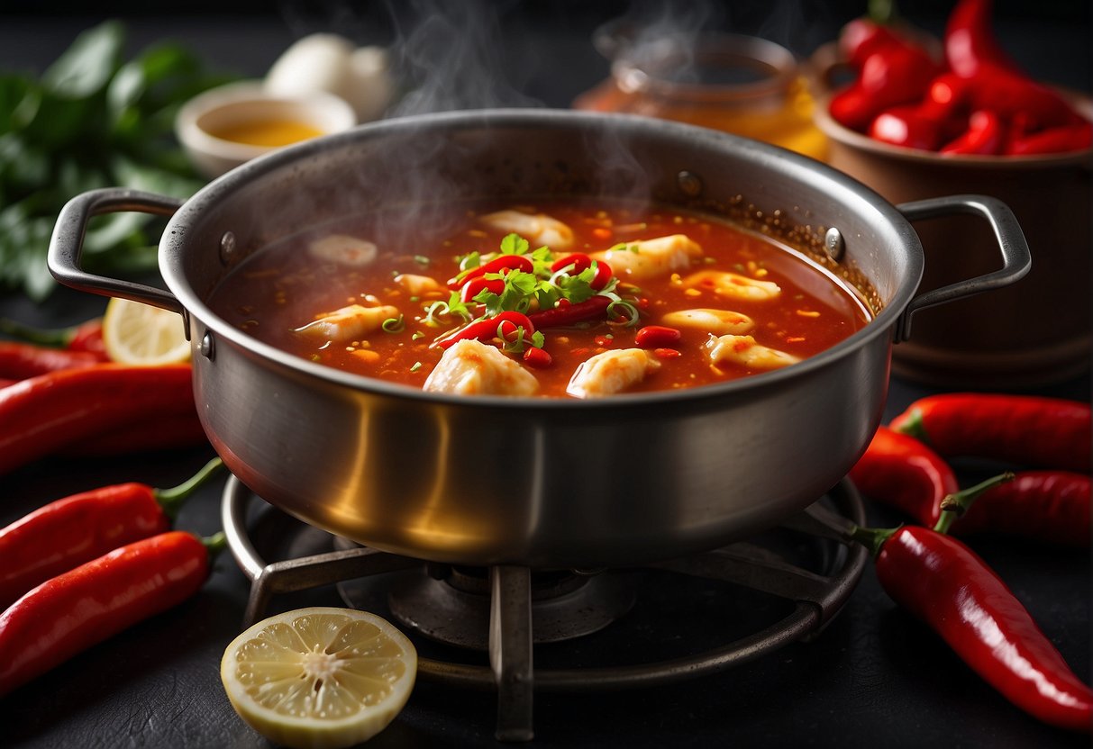 A bubbling pot of Chinese chilli fish gravy simmering on a stove, surrounded by vibrant red chillies, fresh ginger, and fragrant garlic