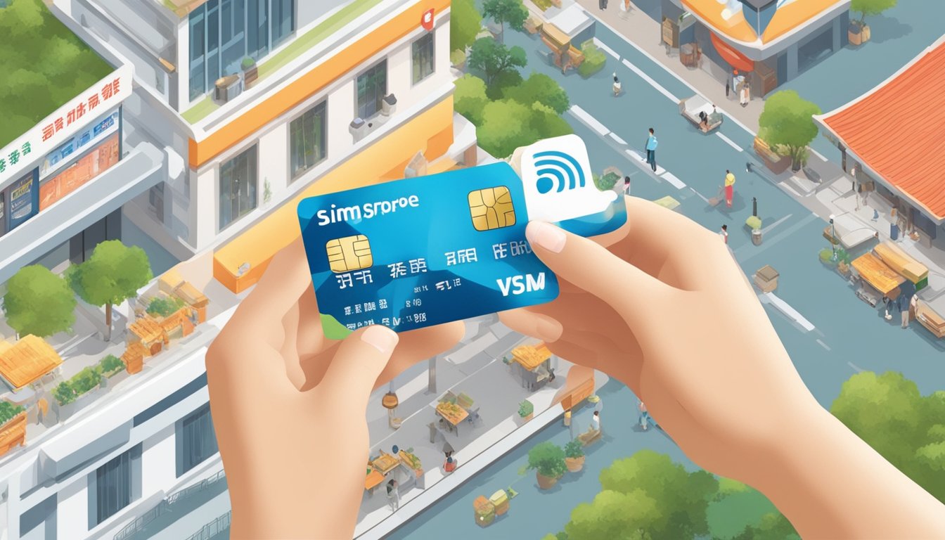 A hand holding a SIM card with Chinese characters, next to a map of China and a Singaporean store front