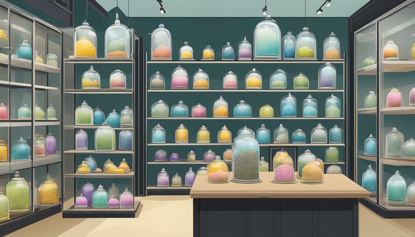 A display of bell jars in various sizes and designs, neatly arranged on shelves in a bright and modern shop in Singapore