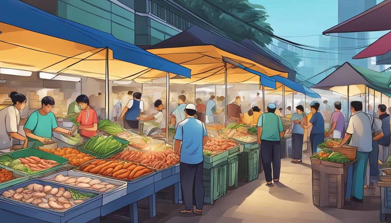 A bustling seafood market in Singapore with colorful stalls and vendors selling fresh catches from the sea