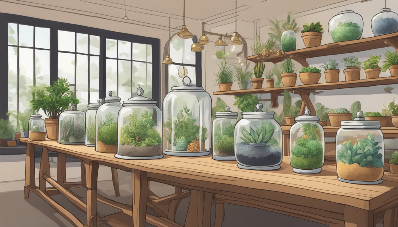 A table with various bell jars showcasing small plants, jewelry, and decorative items. A sign reads "Bell Jars for Sale" in a cozy shop in Singapore