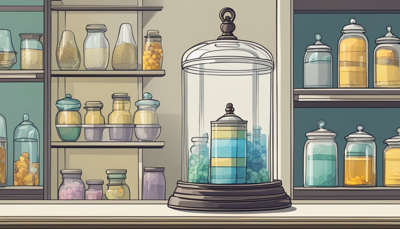 A bell jar sits on a shelf in a well-lit store in Singapore, surrounded by other glassware. A sign above it reads "Frequently Asked Questions: Where to buy bell jar in Singapore."