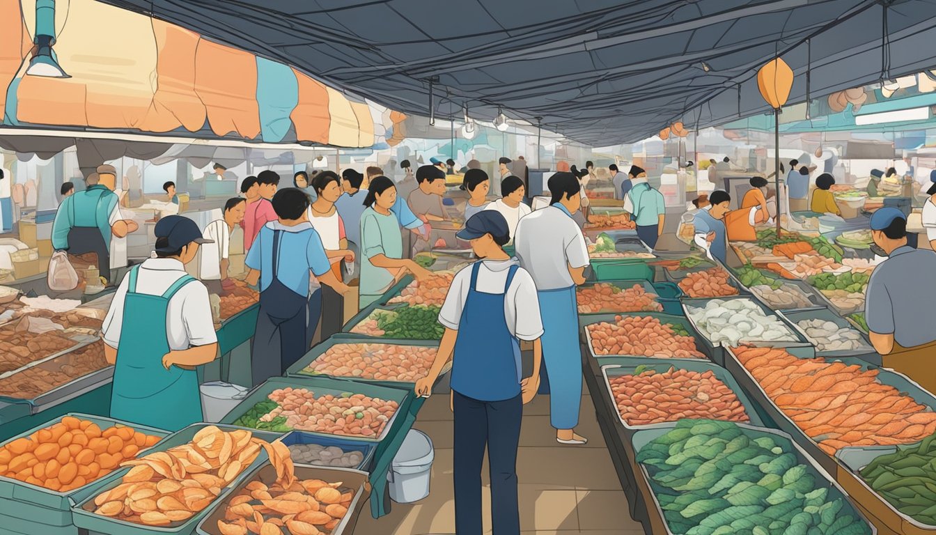 A bustling seafood market in Singapore, with colorful stalls and vendors showcasing an array of fresh fish, shellfish, and crustaceans. The air is filled with the briny scent of the ocean as customers browse the selection