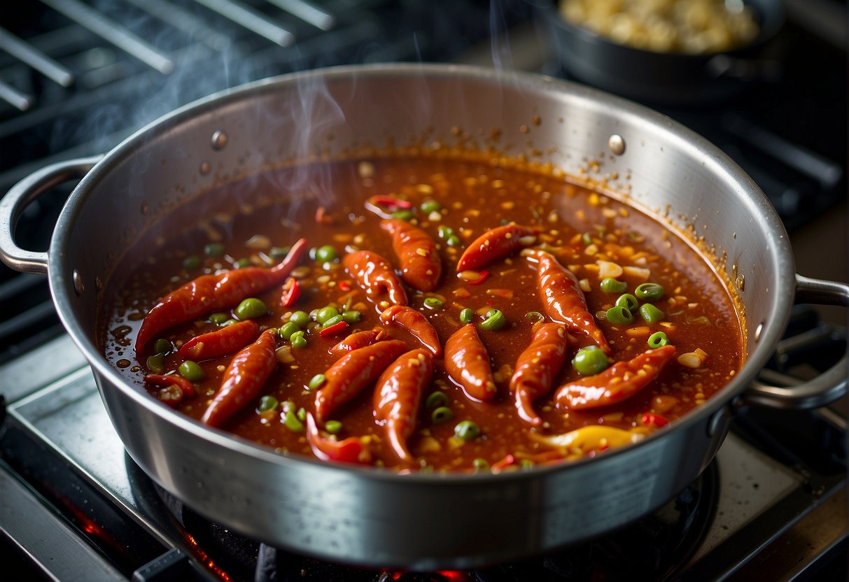 Sizzling red chillies and aromatic spices infuse the bubbling fish gravy in a wok on a gas stove